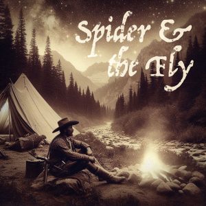 Spider and the fly artwork, weary cowboy sitting around a fire in the old west